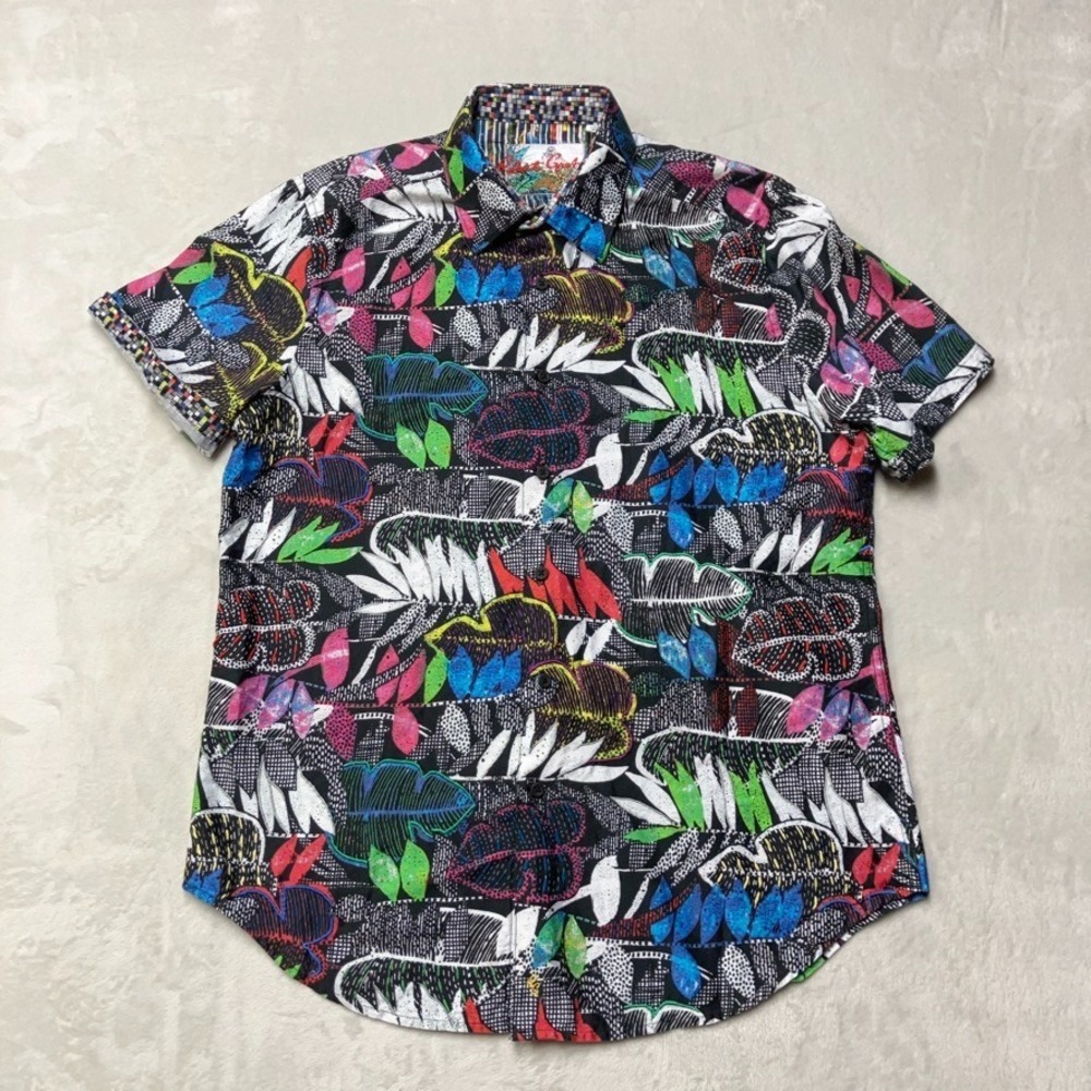 Robert Graham Short Sleeve Button Up Shirt Colorful Abstract Leaf AOP Mens L